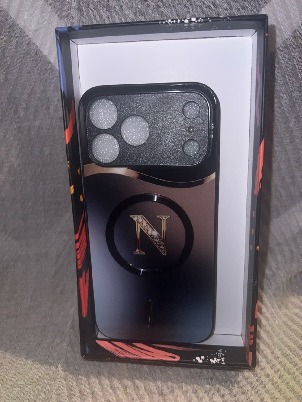 iPhone 16/17Sleek Black Gradient Phone Case with Magnetic Ring and 'N' Monogram